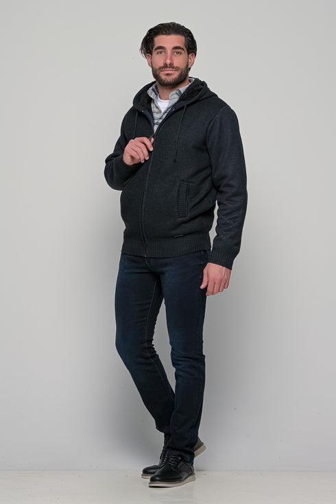 Ανδρική Πλεκτή Ζακέτα με Κουκούλα και Γούνα Μπλε Lexton