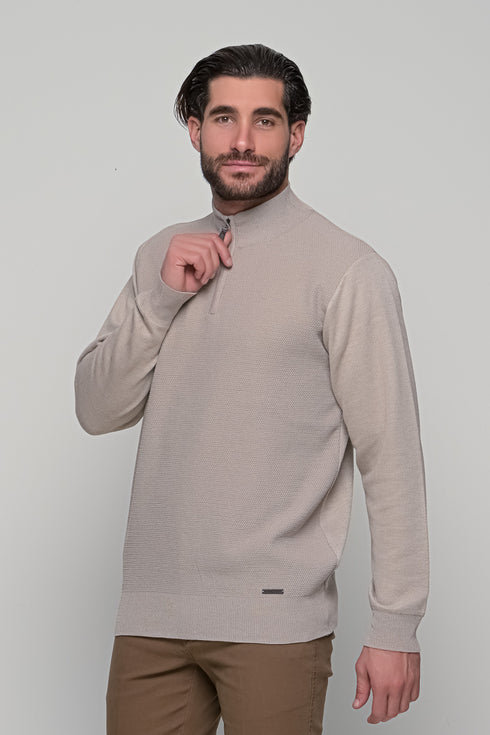 Ανδρική Πλεκτή Μπλούζα με Φερμουάρ Μπεζ Lexton