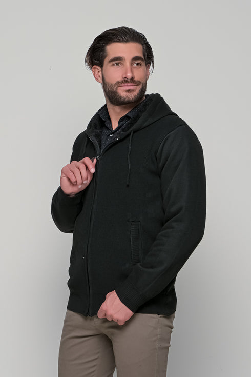 Ανδρική Πλεκτή Ζακέτα με Γούνα και Κουκούλα Μαύρο Lexton