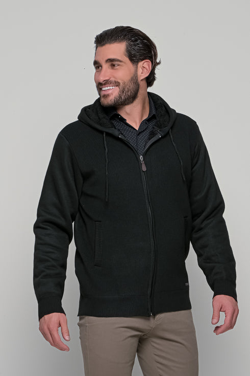 Ανδρική Πλεκτή Ζακέτα με Γούνα και Κουκούλα Μαύρο Lexton