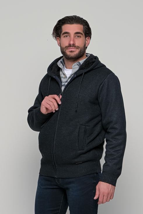 Ανδρική Πλεκτή Ζακέτα με Κουκούλα και Γούνα Μπλε Lexton