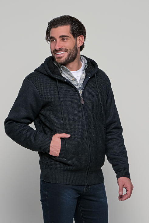 Ανδρική Πλεκτή Ζακέτα με Κουκούλα και Γούνα Μπλε Lexton