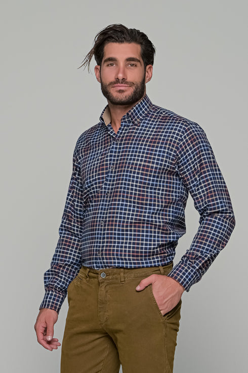 Ανδρικό Μακρυμάνικο Πουκάμισο Μπλε-Μπεζ Καρό NCS