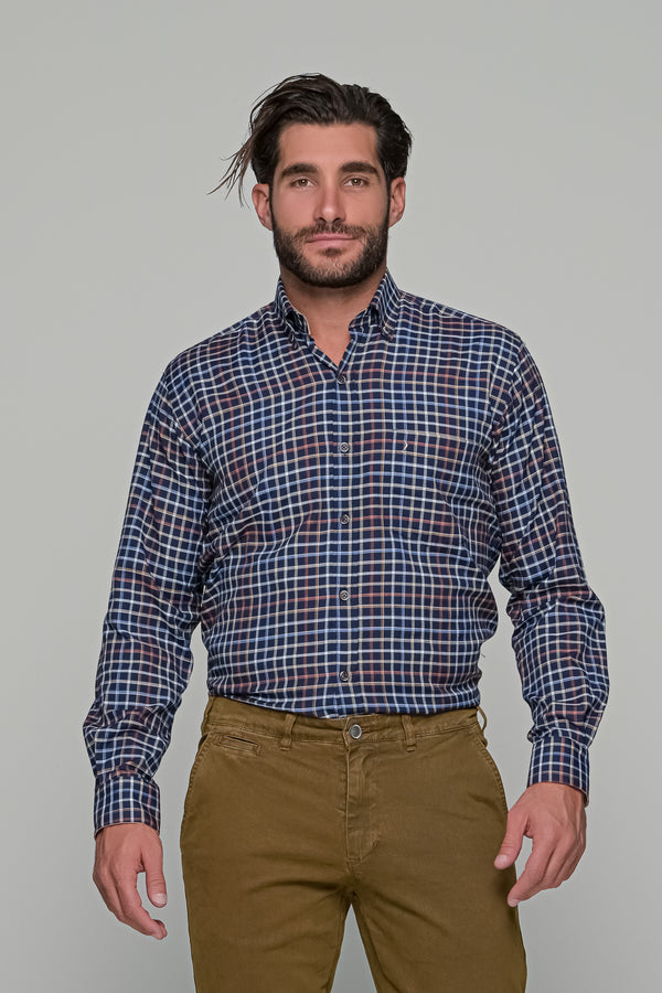 Ανδρικό Μακρυμάνικο Πουκάμισο Μπλε-Μπεζ Καρό NCS