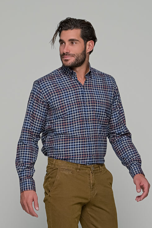 Ανδρικό Μακρυμάνικο Πουκάμισο Μπλε-Μπεζ Καρό NCS