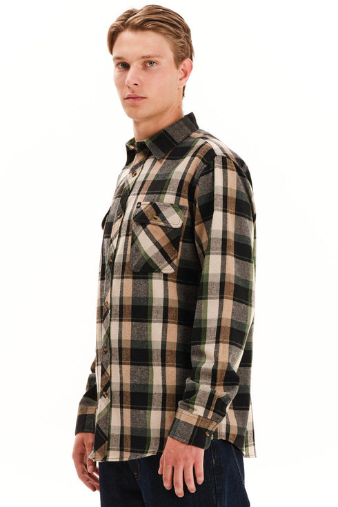 Emerson Ανδρικό Φανελένιο Πουκάμισο Μπεζ-Πράσινο Καρό