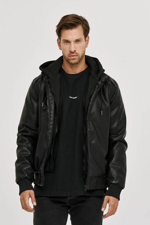 Ανδρικό Μπουφάν από Vegan Δέρμα με Κουκούλα Μαύρο Camaro