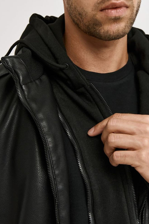 Ανδρικό Μπουφάν από Vegan Δέρμα με Κουκούλα Μαύρο Camaro