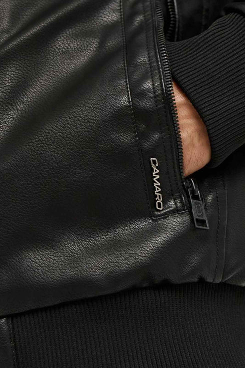 Ανδρικό Μπουφάν από Vegan Δέρμα με Κουκούλα Μαύρο Camaro