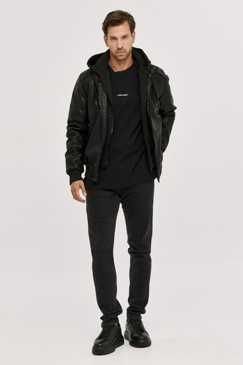 Ανδρικό Μπουφάν από Vegan Δέρμα με Κουκούλα Μαύρο Camaro