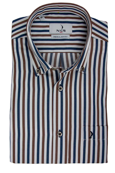 NCS Ανδρικό Πουκάμισο Άσπρο με Μπλε και Μπεζ Ρίγα