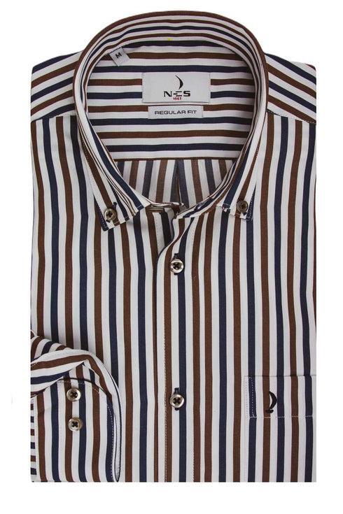 NCS Ανδρικό Πουκάμισο Άσπρο με Μπλε και Μπεζ Ρίγα