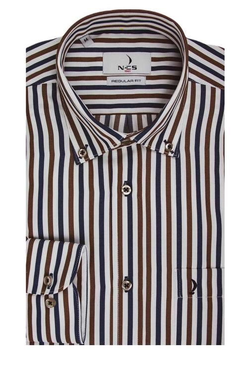 NCS Ανδρικό Πουκάμισο Άσπρο με Μπλε και Μπεζ Ρίγα