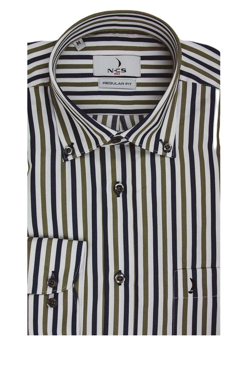 NCS Ανδρικό Πουκάμισο Ριγέ με Μπλε και Λαδί Ρίγα