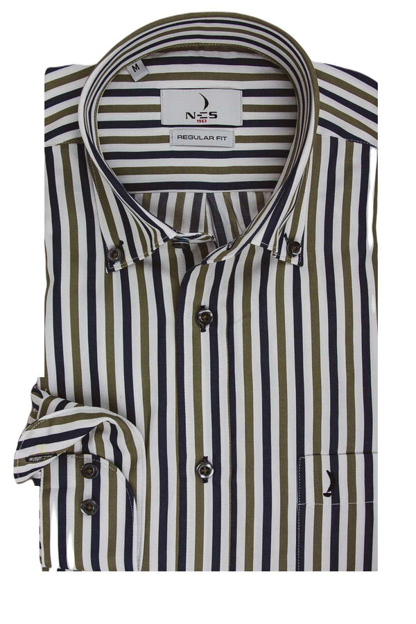 NCS Ανδρικό Πουκάμισο Ριγέ με Μπλε και Λαδί Ρίγα