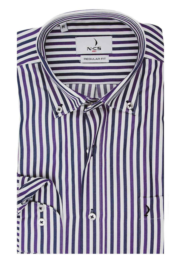 NCS Ανδρικό Πουκάμισο Ριγέ με Μπλε και Μοβ Ρίγα