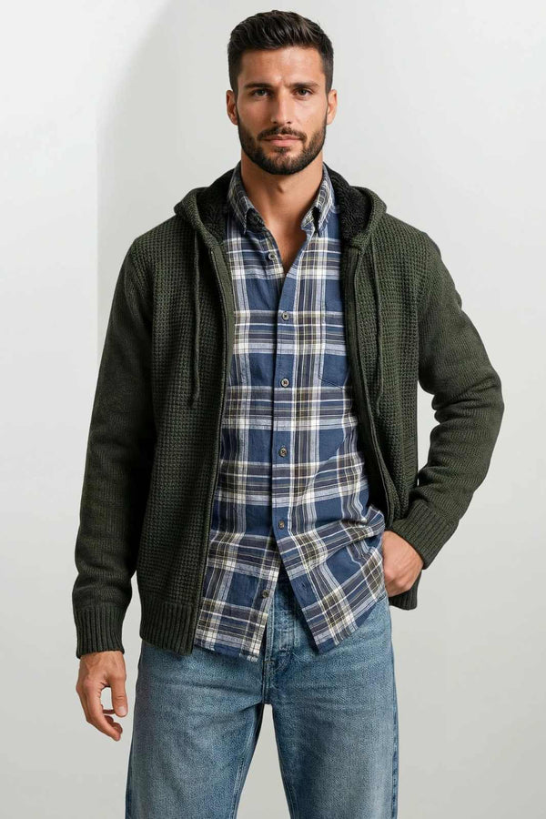 Ανδρική Πλεκτή Ζακέτα με Γούνα Πράσινο Lexton