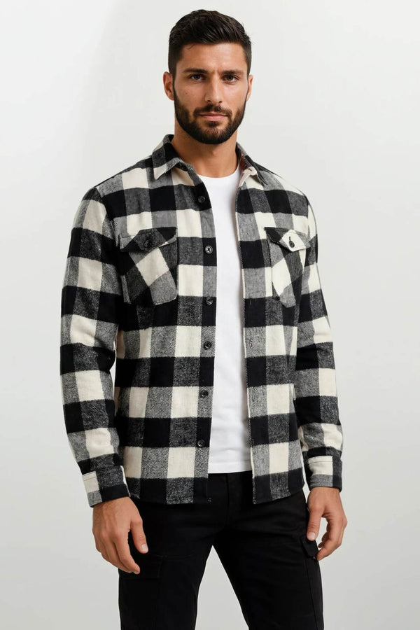 Ανδρικό Φανελένιο Overshirt Μαύρο-Εκρού NCS