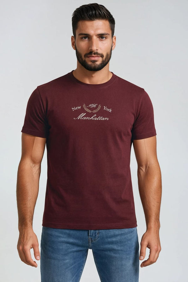 Ανδρικό T-Shirt Άνετη Γραμμή Μπορντό με Τύπωμα
