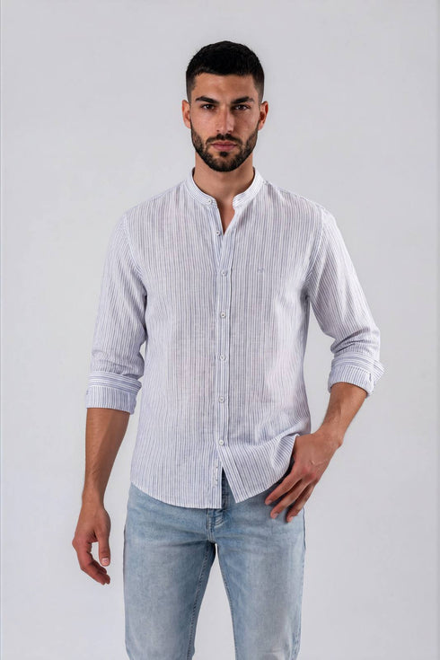 Ανδρικό Πουκάμισο με Μάο Γιακά Λευκό Ριγέ Bradley