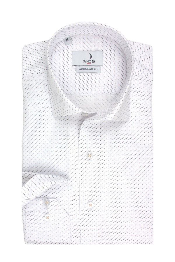 NCS Ανδρικό Πουκάμισο Λευκό με Μικροσχέδιο Μπεζ και Μπλε