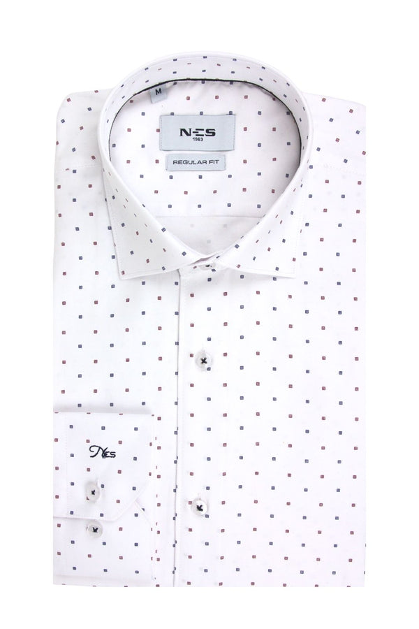 NCS Ανδρκό Πουκάμισο Λευκό με Μικροσχέδιο Μπλε-Μπορντό