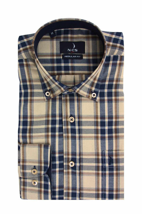 Ανδρικό Πουκάμισο Καρό Μπεζ-Μπλε NCS