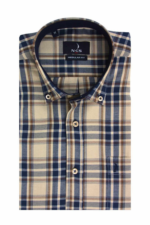 Ανδρικό Πουκάμισο Καρό Μπεζ-Μπλε NCS