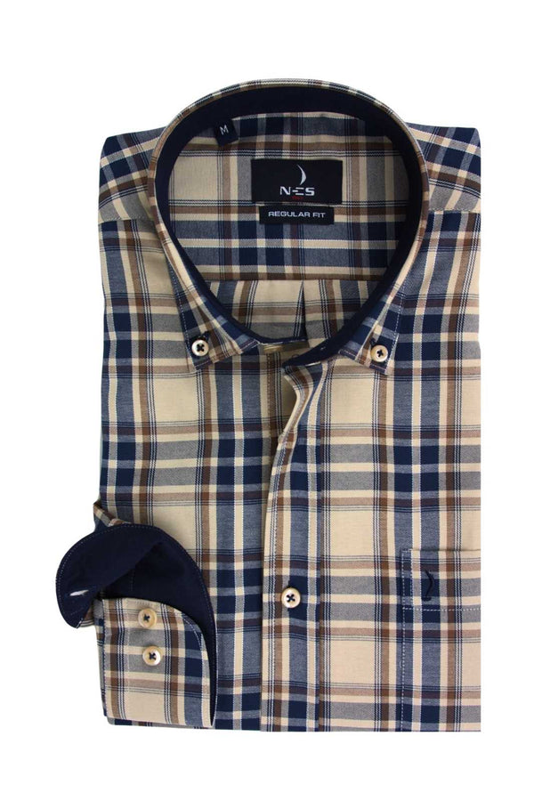 Ανδρικό Πουκάμισο Καρό Μπεζ-Μπλε NCS