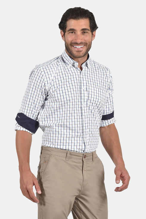 Ανδρικό Πουκάμισο Λευκό με Μπλε-Μπεζ Καρό Tweed