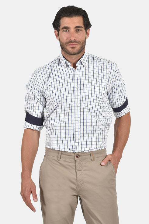 Ανδρικό Πουκάμισο Λευκό με Μπλε-Μπεζ Καρό Tweed
