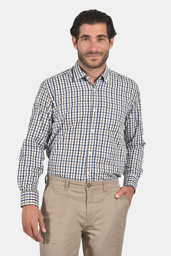 Ανδρικό Πουκάμισο Καρό Μπλε-Μπεζ Tweed