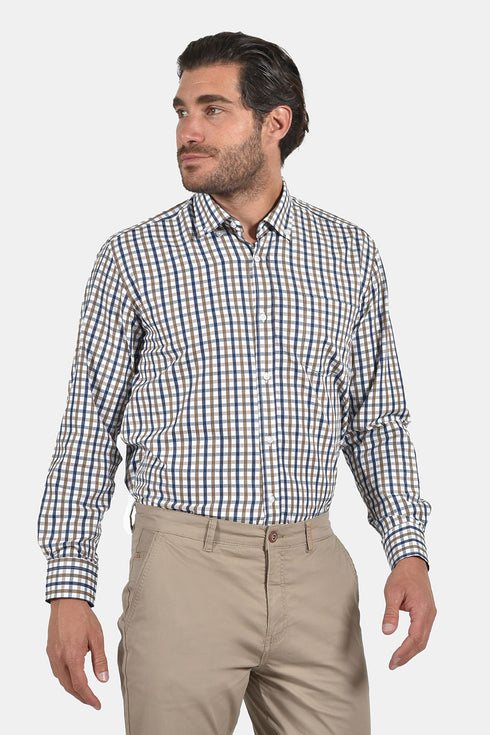 Ανδρικό Πουκάμισο Καρό Μπλε-Μπεζ Tweed