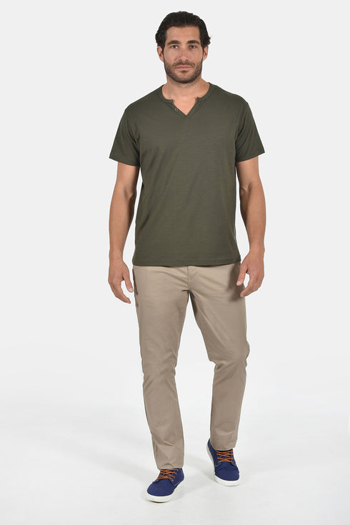 Ανδρικό T-Shirt Λαιμός Βε με Κουμπάκια Λαδί Everbest