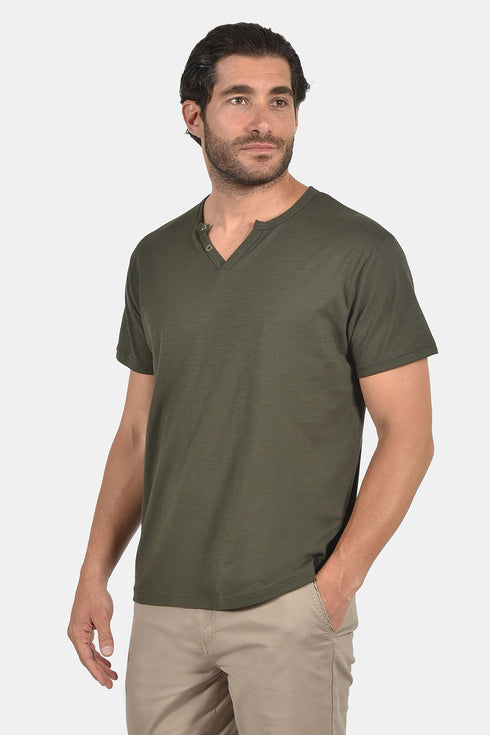 Ανδρικό T-Shirt Λαιμός Βε με Κουμπάκια Λαδί Everbest