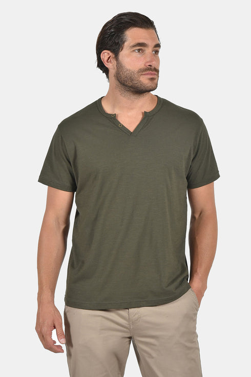 Ανδρικό T-Shirt Λαιμός Βε με Κουμπάκια Λαδί Everbest