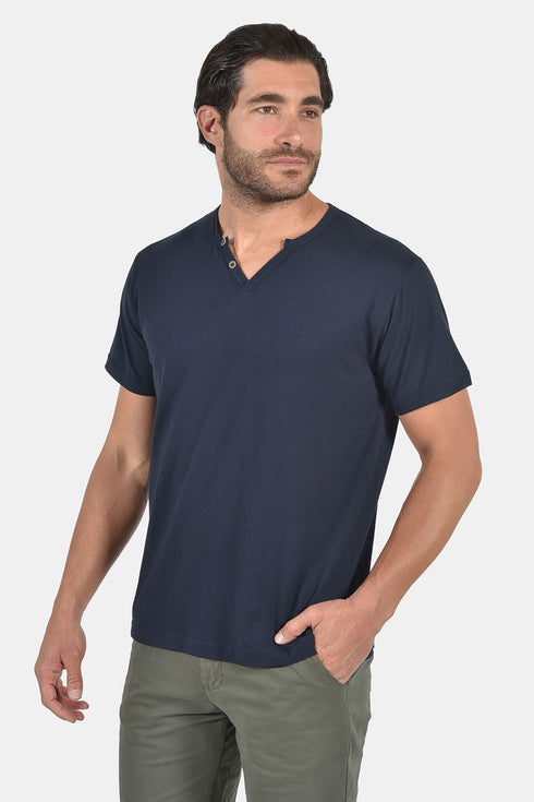 Ανδρικό T-Shirt Λαιμός Βε με Κουμπάκια Μπλε Everbest