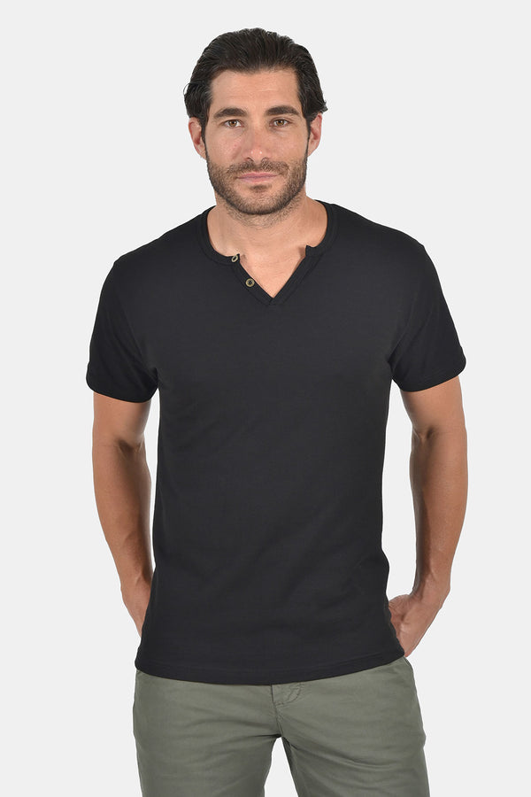 Ανδρικό T-Shirt Λαιμός Βε με Κουμπάκια Μαύρο Everbest