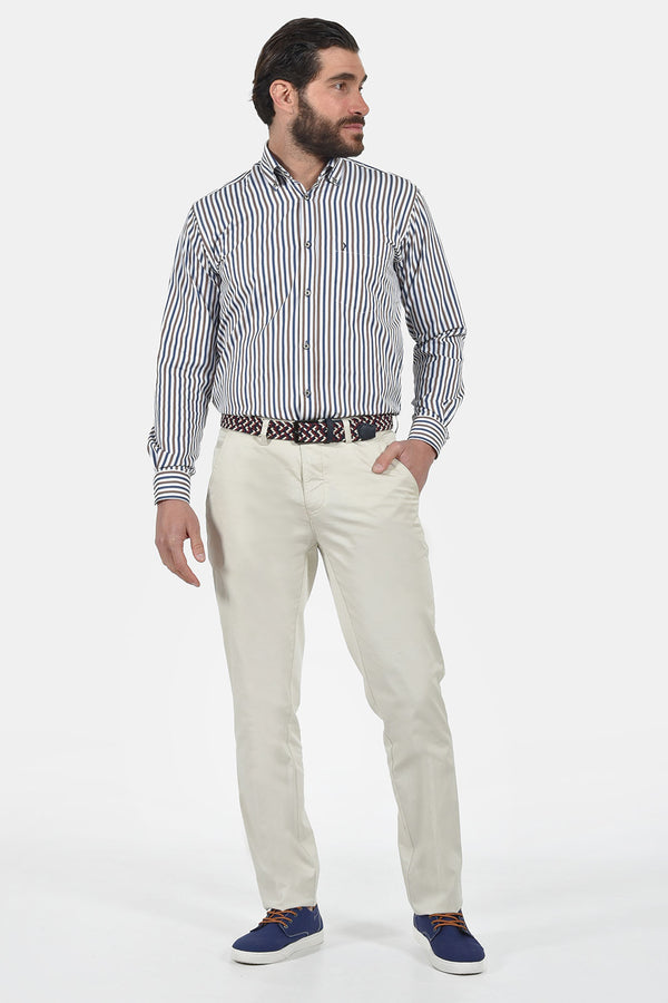 NCS Ανδρικό Πουκάμισο Άσπρο με Μπλε και Μπεζ Ρίγα