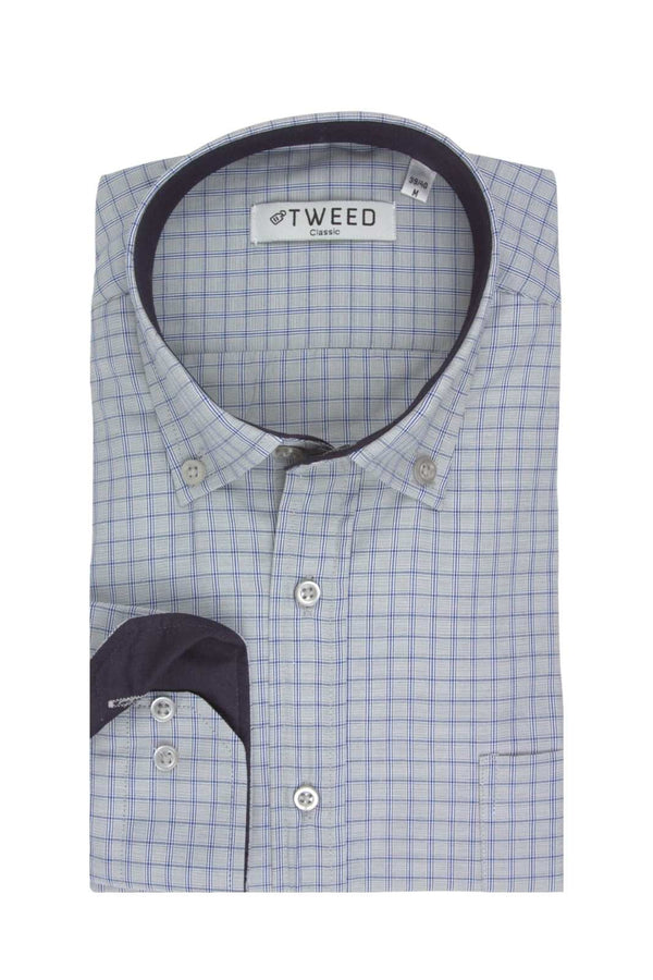 Ανδρικό Πουκάμισο Γκρι με Μπλε Καρό Tweed