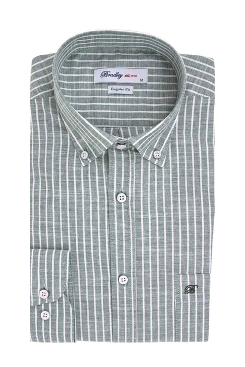 Bradley Ανδρικό Πουκάμισο Ριγέ Λαδί με Όψη Λινού