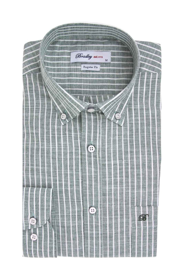 Bradley Ανδρικό Πουκάμισο Ριγέ Λαδί με Όψη Λινού