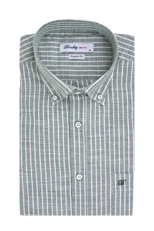 Bradley Ανδρικό Πουκάμισο Ριγέ Λαδί με Όψη Λινού