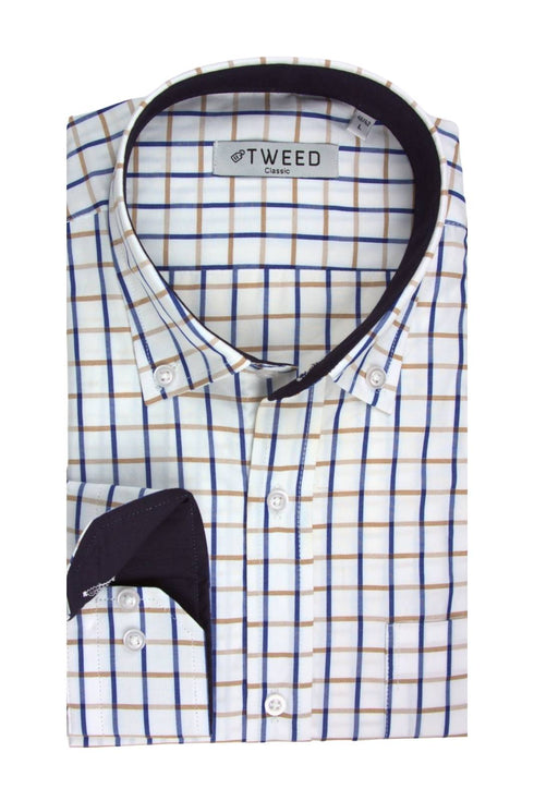 Ανδρικό Πουκάμισο Λευκό με Μπλε-Μπεζ Καρό Tweed