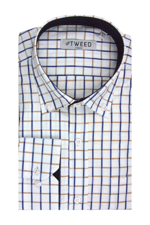 Ανδρικό Πουκάμισο Λευκό με Μπλε-Μπεζ Καρό Tweed