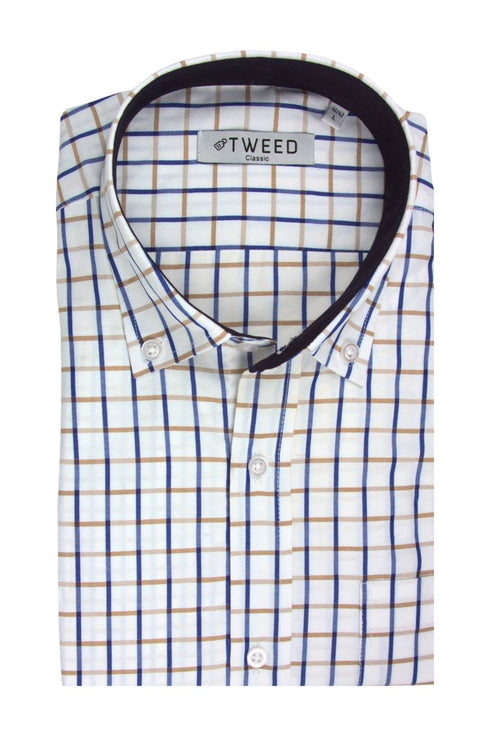 Ανδρικό Πουκάμισο Λευκό με Μπλε-Μπεζ Καρό Tweed